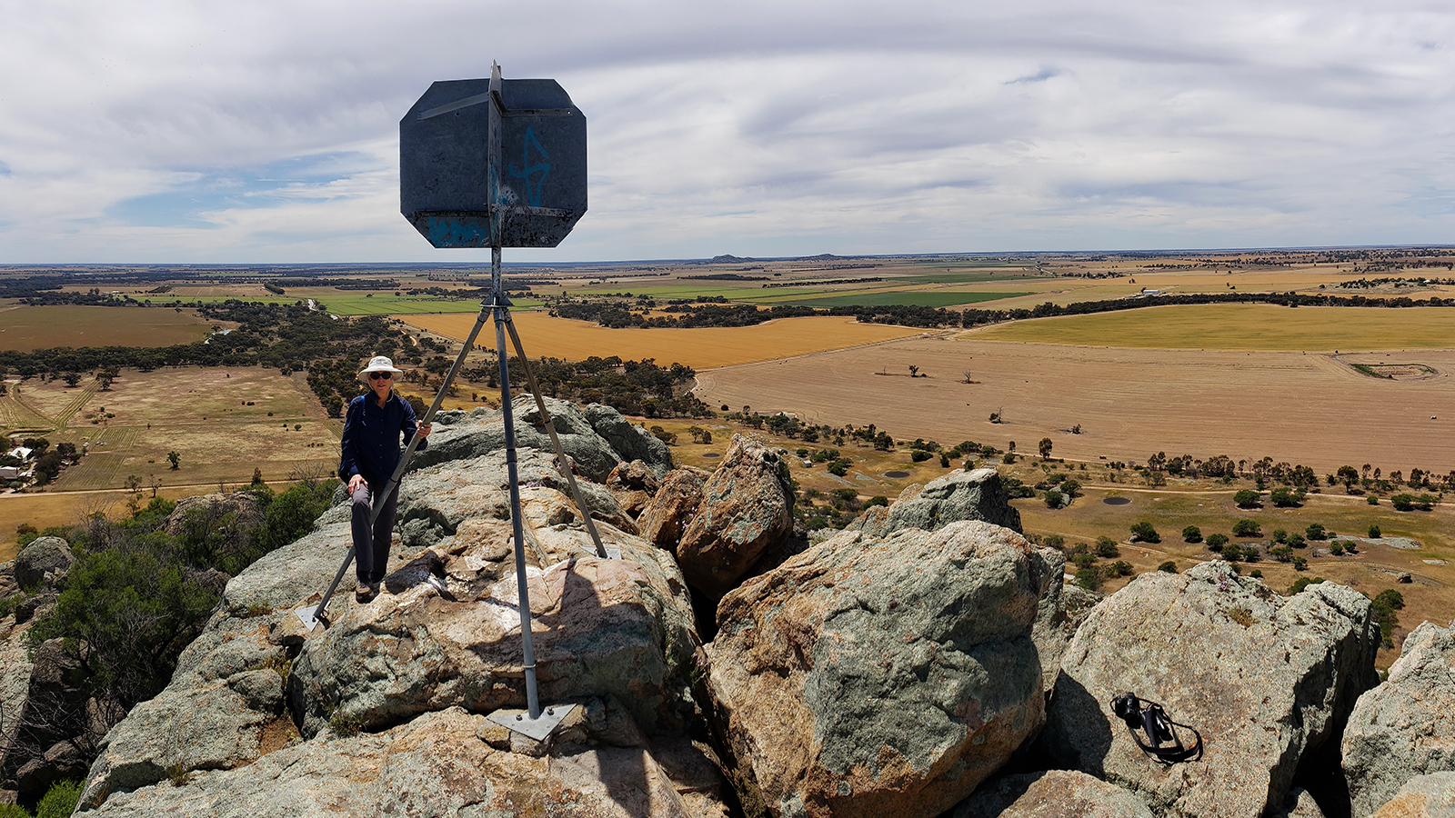 Karen at the trig on top of Pyramid Hill west of Echuca